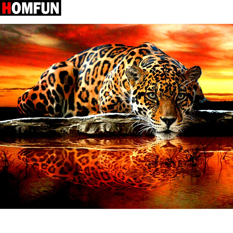 HOMFUN Pieno Quadrato/Rotondo Trapano 5D Pittura Diamante FAI DA TE "leopardo tramonto" Ricamo Punto Croce 3D Complementi Arredo Casa Regalo BK012