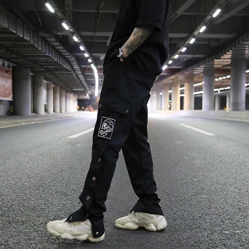 2019 novos bolsos de carga streetwear calças de homem casual hip hop joggers botão lateral calças com cordão de cintura elástica