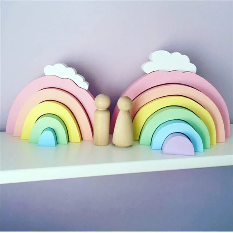 Wooden 1 Set Rainbow Blocks Early Educational Toy Building Blocks Ornaments Kids Environmental Protection Paint Toys Room Decor