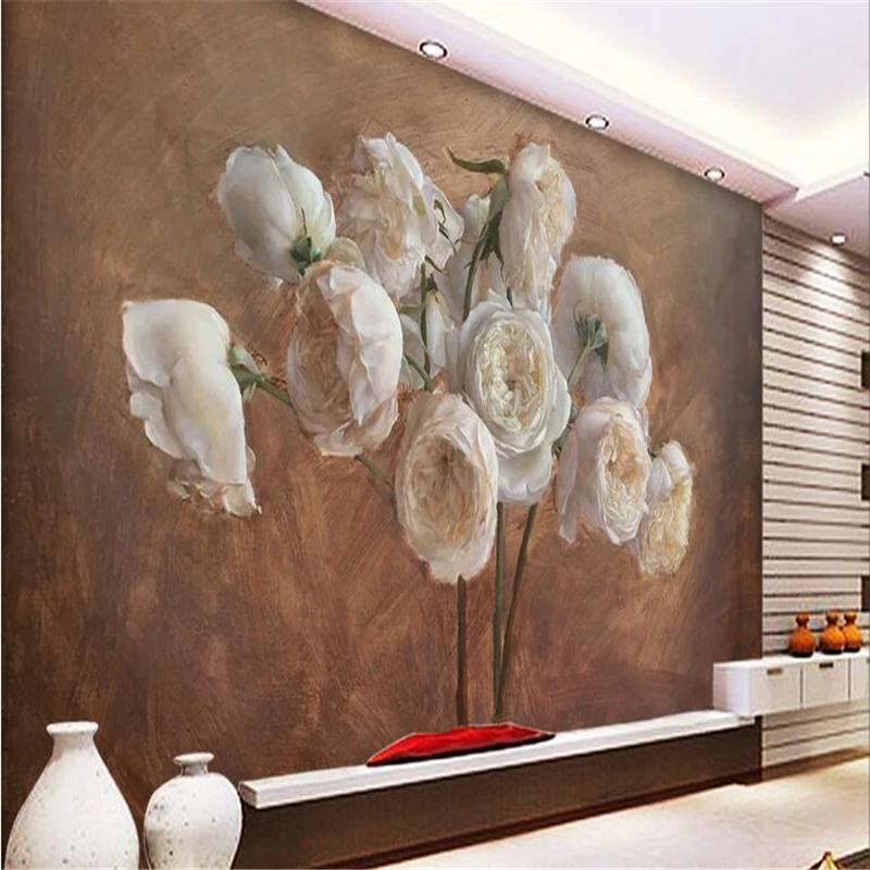 beibehang Wall paper Custom  Wall Sticker Mural European Retro Hand Painted Oil Rose Peony Rose Flower Wallpaper Background Wall