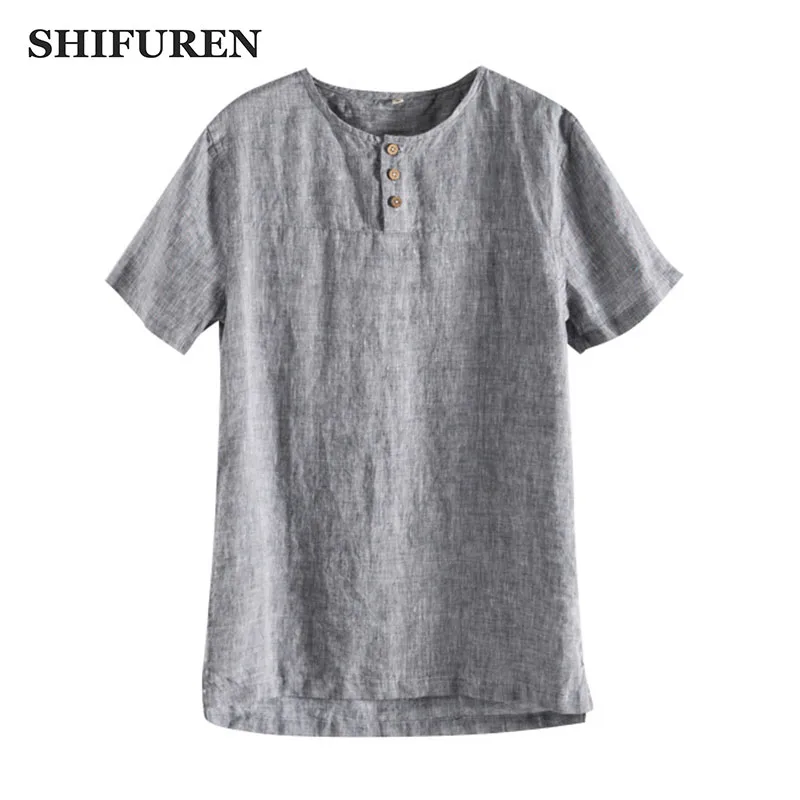 

SHIFUREN Summer Breathable Short Sleeve Men Shirts 100% Pure Linen Henry Collar Causal Male Social Shirts Tops Solid Color