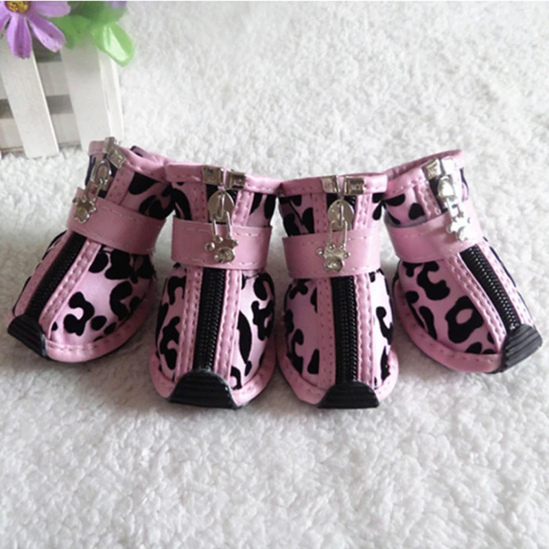 4pcs/set Gold Leopard Leather Pet Dog Shoes PU anti-slip Boot for small dogs Teddy dog cat Waterproof shoes Puppy Booties ZL353