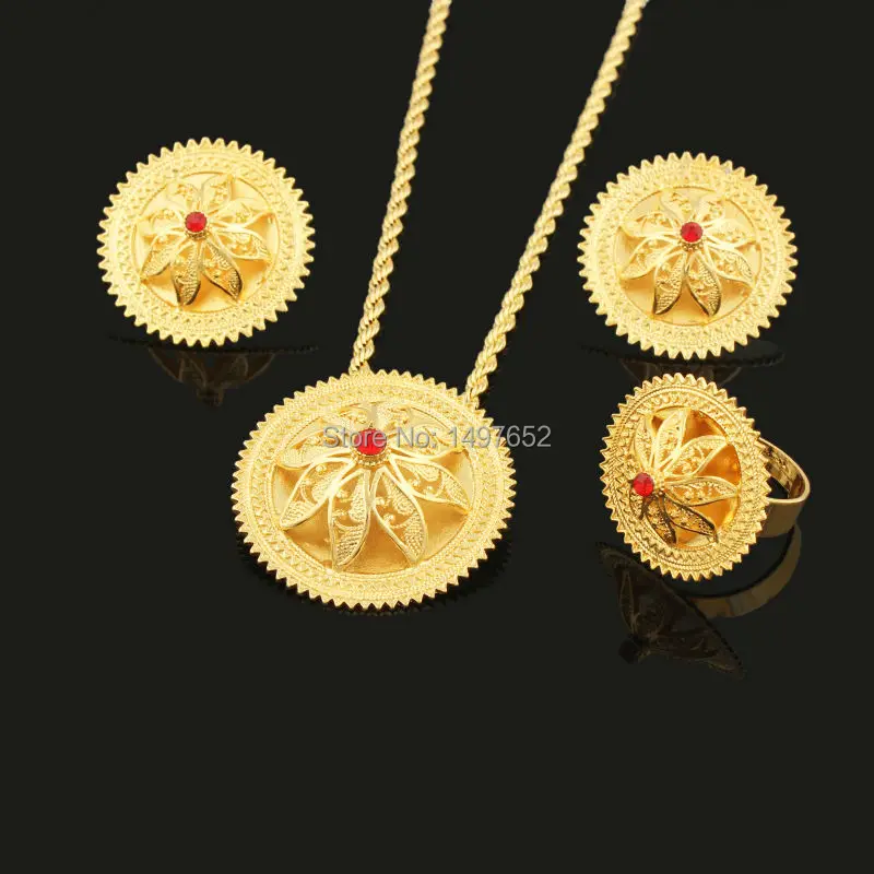 Newest Ethiopian Crystal Necklace Pendants/Earrings/Ring Set  Gold Filled Plated Habesha Jewelry African Bridal Jewelry Sets