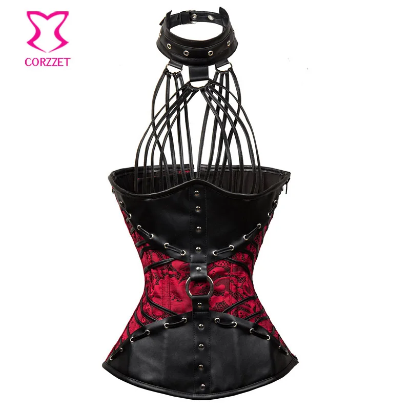 

Corzzet Vintage Red Leather Strappy Halter Underbust Corsets And Bustiers Waist Cincher Spiral Steel Boned Steampunk Corset