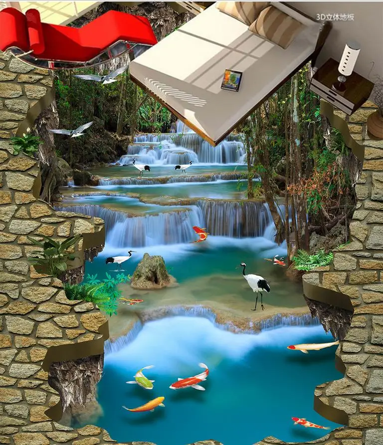 

3d floor painting wallpaper White Crane Waterfall River 3D Outdoor Flooring pvc floor wallpaper