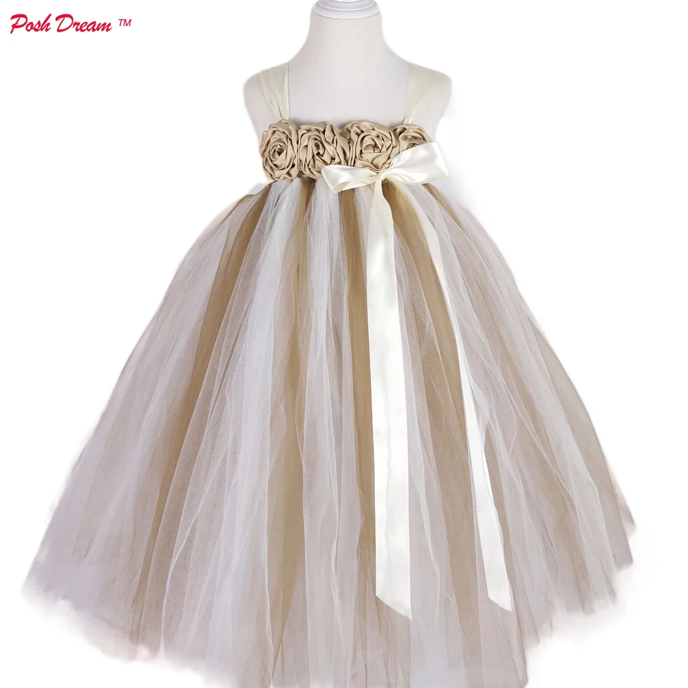 

POSH DREAM IVORY Mix Brown Rose Flower Kids Girls Tutu Dresses For Birthday Party Photograph Brief Kids Girls Wedding Clothes D