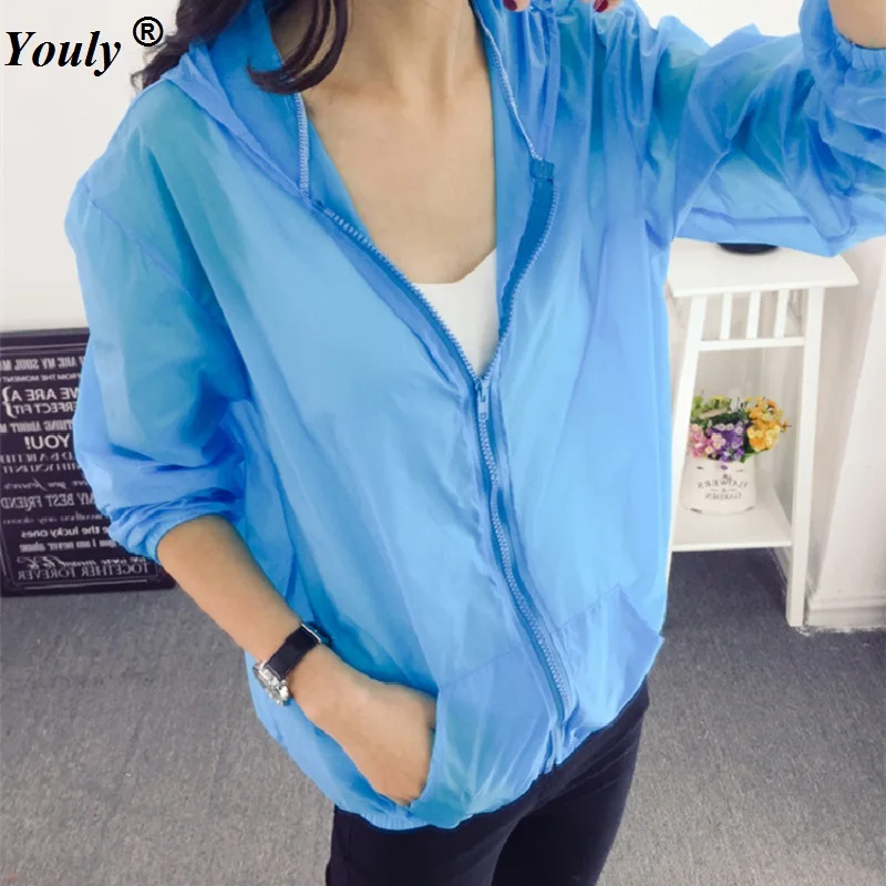 Summer Thin Sunscreen Jacket 2021 Women Quick Dry Zipper Coat Iridescent Transparent Casual Bomber Sunproof Hooded Jacket