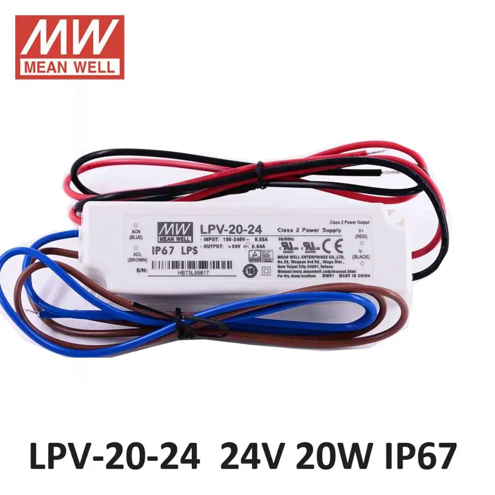 Original MEAN WELL LPV-20W 1.67A 12V LED Power Supply IP67 5V 3A waterproof isolated plastic 90~264VAC input led driver 24V 15V