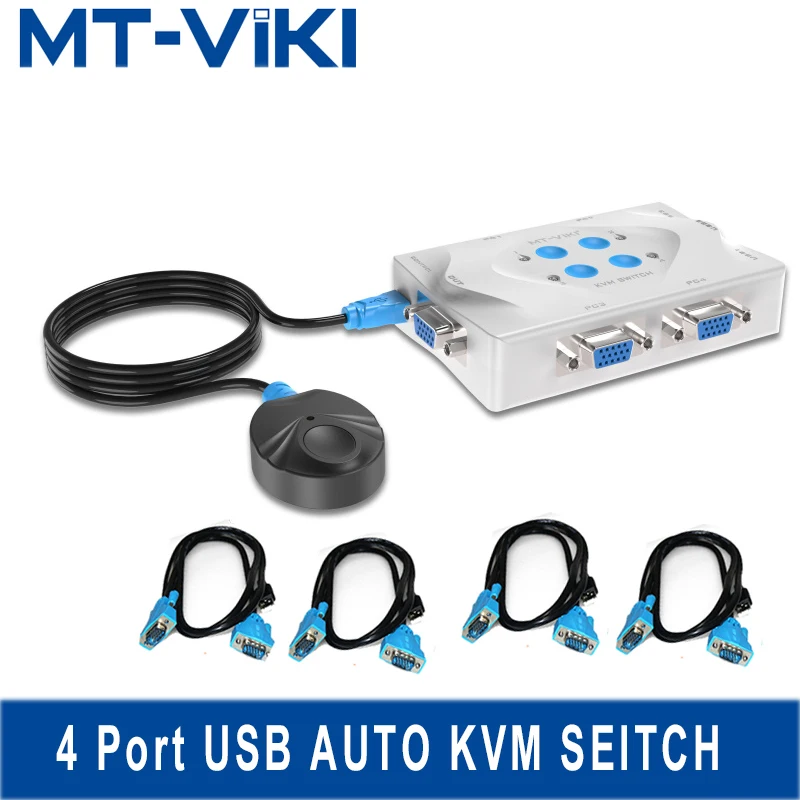 MT-Viki 스마트 Kvm 스위치 VGA 선택기, 4 포트 핫키 유선 리모컨, 자동 스캔 선택, 1920x1440 전송 케이블 MT-401KL