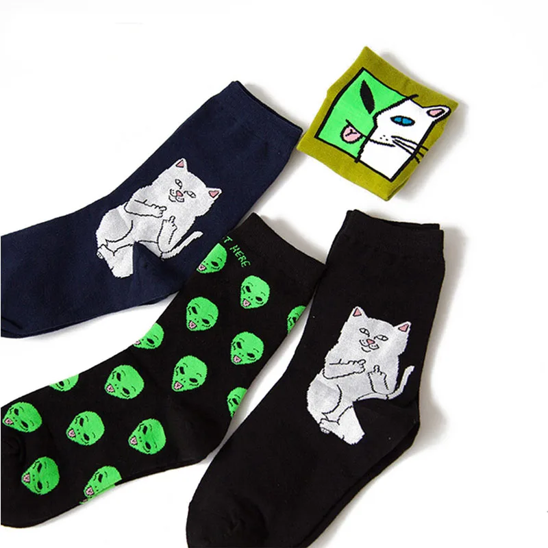 New Autumn And Winter Women's Cotton Socks Funny Alien Art Creative Funny Cartoon Cat Socks Breathable