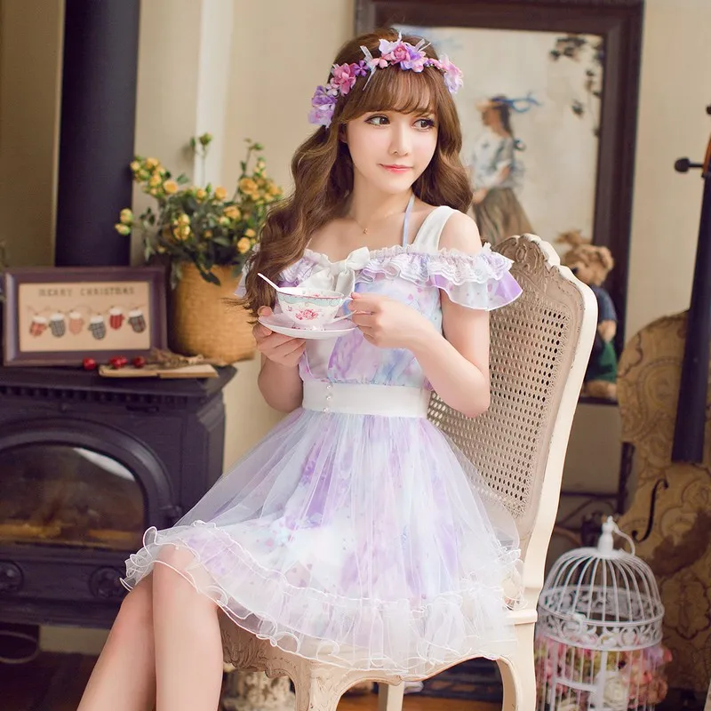 Princess sweet lolita dress Candy rain Japanese style sweet lace chiffon princess sleeveless Condole belt dress C16AB6082