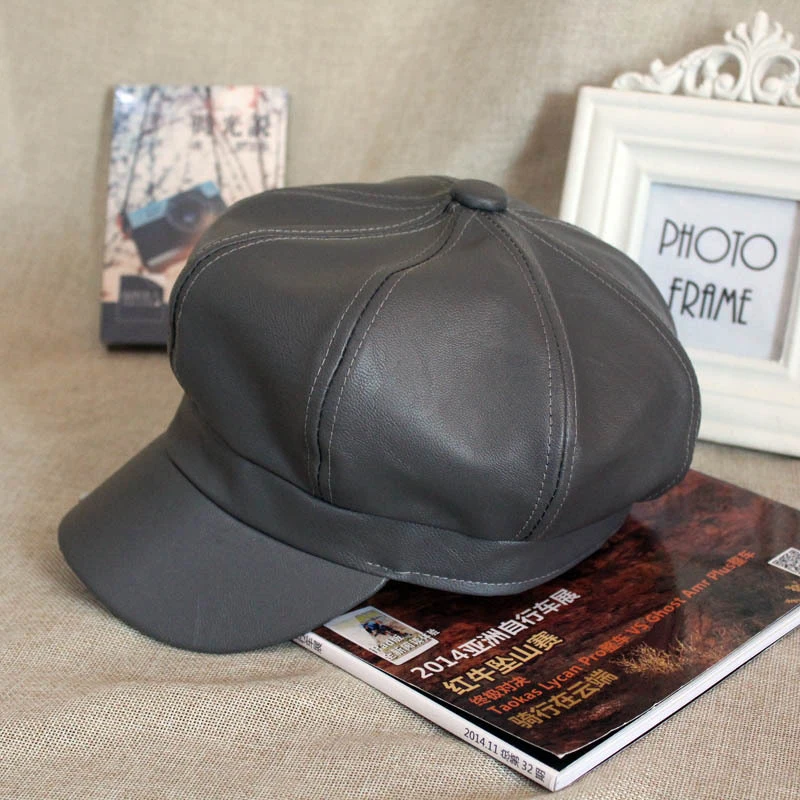 HT1368 Plain Leather Beret Caps Men Women Vintage Artist Painter Octagonal  Caps Solid Autumn Winter Hats Black Red Grey