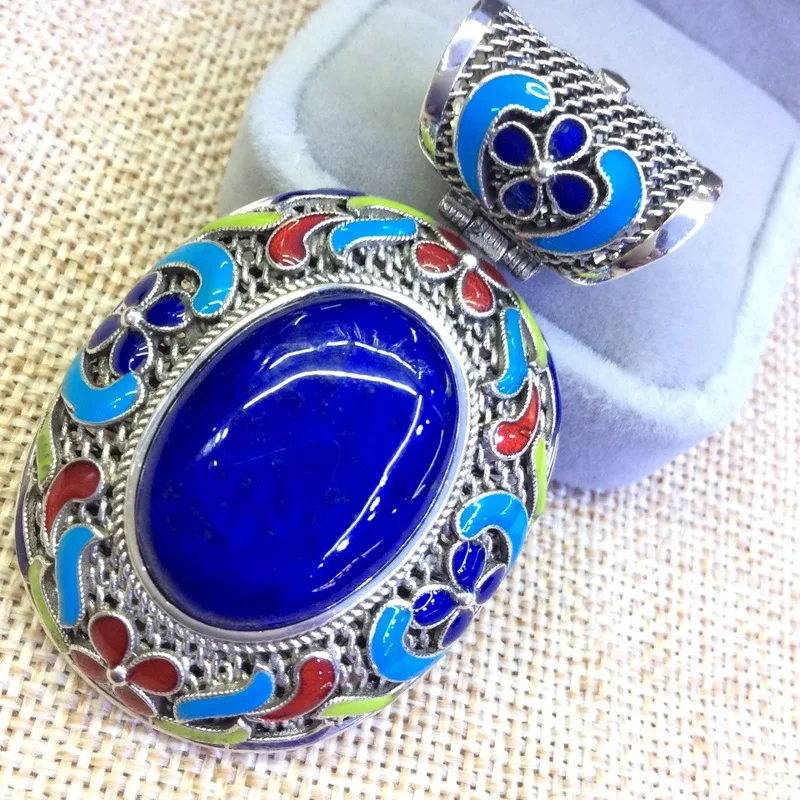 S925 pure silver inlaid natural Afghan lapis wire inlay cloisonne pendant furnishing articles