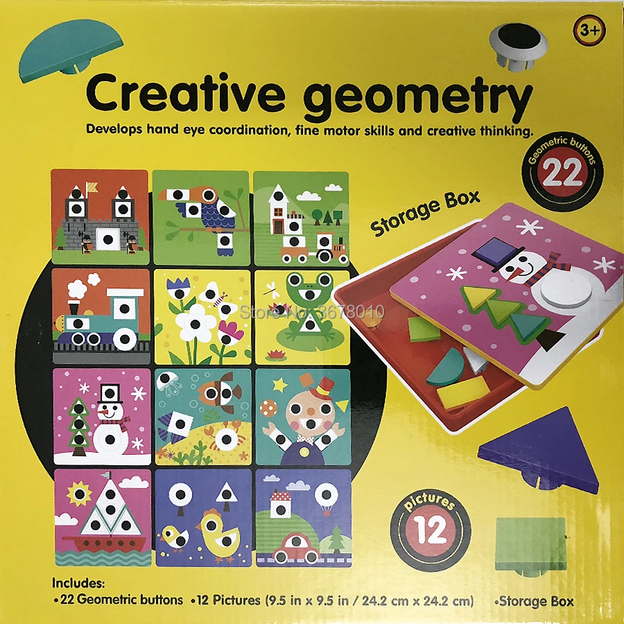 Creative geometry mushroom stud assembly board toy.Geometric combination of plywood toys with 12 pictures,22 geometric buttons