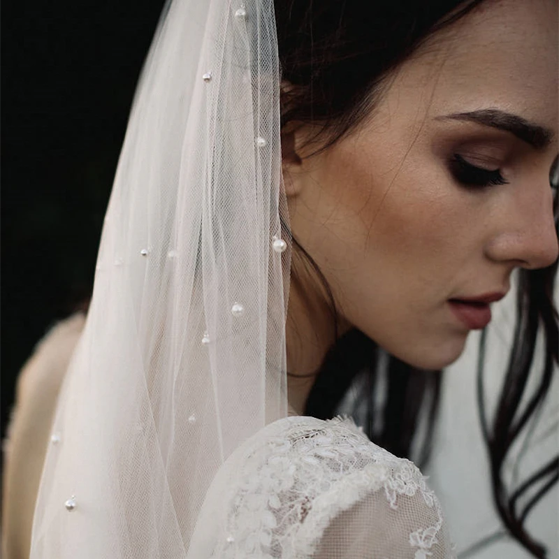 

Hot Sale Ivory Bridal Veil With Comb One Layer Cathedral Royal Pearl Wedding Veil Veu de Noi vail