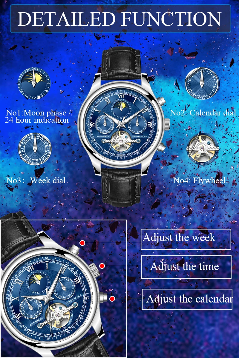 Moon Phase Top di Marca Mens Orologi Meccanici Automatici Tourbillon Scheletro Della Vigilanza Degli Uomini del Calendario Relogio Masculino