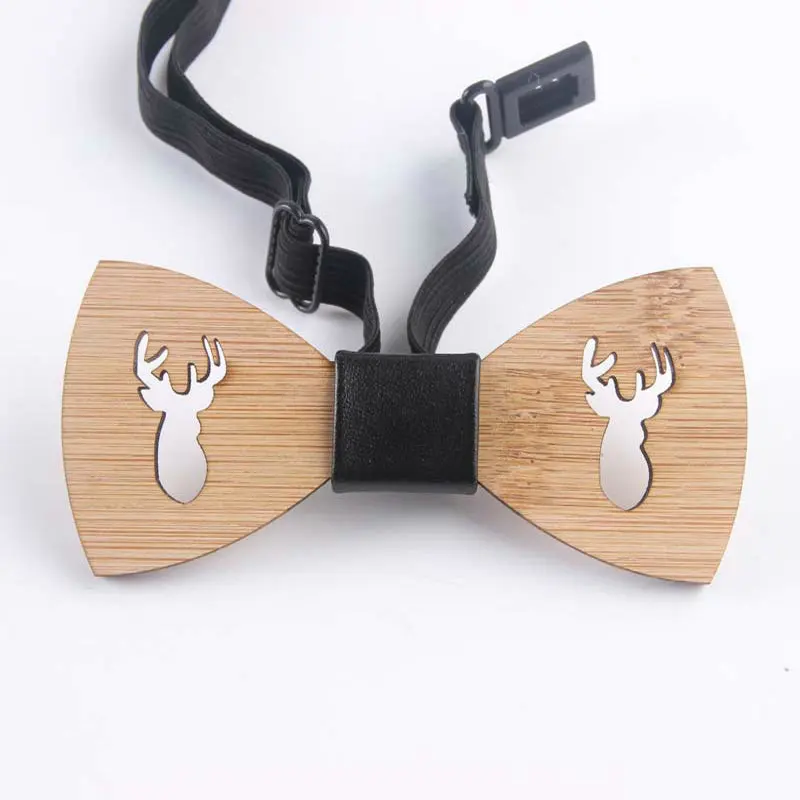 Elegant Men Wedding Party Hollow Out Carved Bamboo Wood Bowtie Children Necktie Elastic Band PU Wooden Bow Tie Cravat