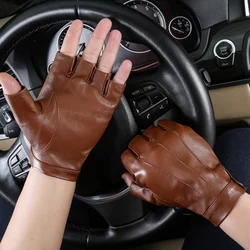 Guantes de cuero de medio dedo para hombre, guantes de cuero de cabra, NAN43-5