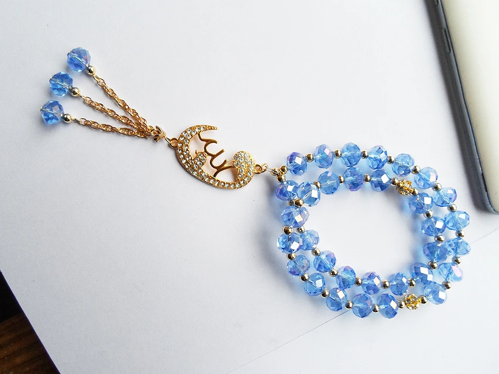 2022 Classic 2R Rope Chain Sky blue crystal Muslim bracelet With elastic Plated gold alloy chain Link Muslim pendant bracelets