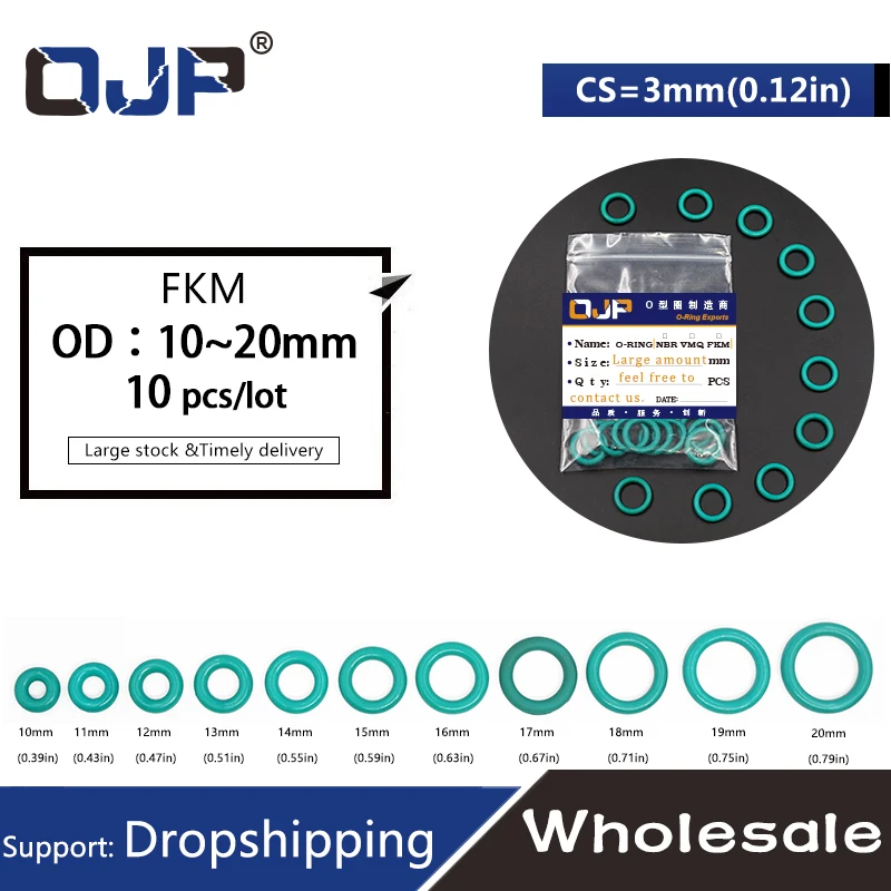 Fkmフィッシャーリングコリング、Oリングシール、oリング、オイルリング、ガスケットスワッシャー、od10、11、12、13、14、15、16、17、18、19、20x3mm、1ロット10個