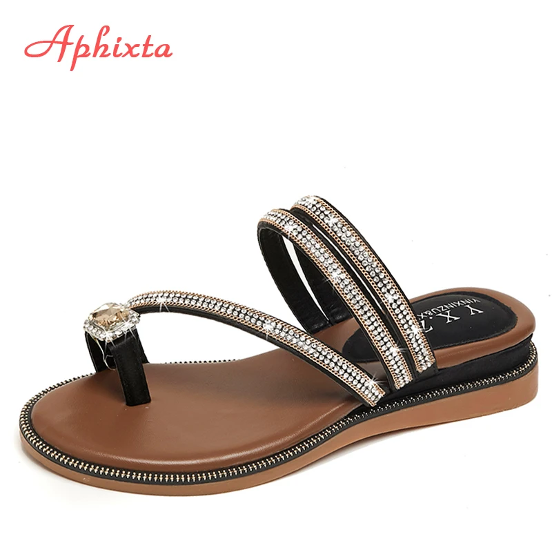 Aphixta Wedges Sandals Women Rhinestones Female Flip Flops Summer Modis Leather Crystal Slippers Ladies Babouche Bling Shoes