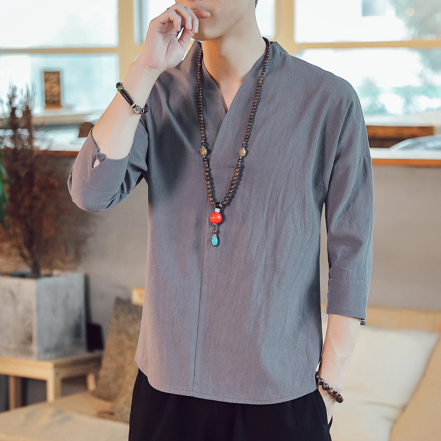 Chinese Style Men Shirt 3/4 Sleeve Solid Casual Streetwear Man Cotton Linen Hanfu Blouse Men Clothes 2024 New Koran Summer Top