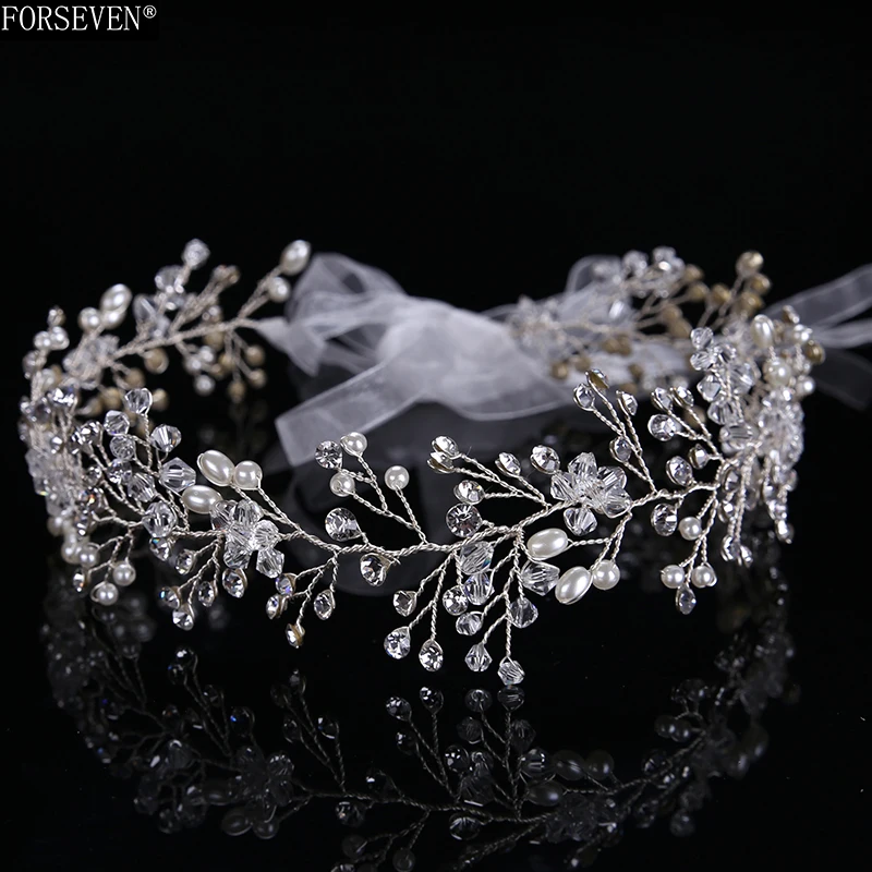 Silver Color Crystal Bride Long Headbands Hair Jewelry For Best Handmade Pearl Rhinestones Hairwear Wedding Hair Accessories