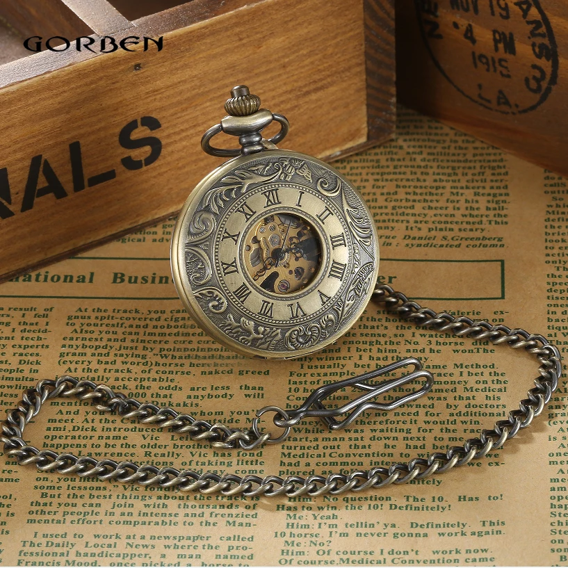 Reloj de bolsillo para hombre, cronógrafo mecánico de talla hueca, Estilo Vintage, Steampunk, números romanos, cadena de cintura, bobinado a mano