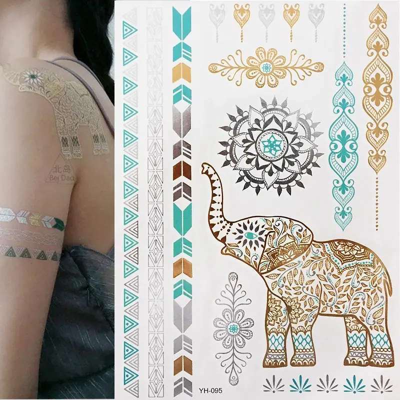 Flash Boho Metallic Gold  Flash Colorful Waterproof Temporary Tattoo Silver Elephant Gold Henna For body Art