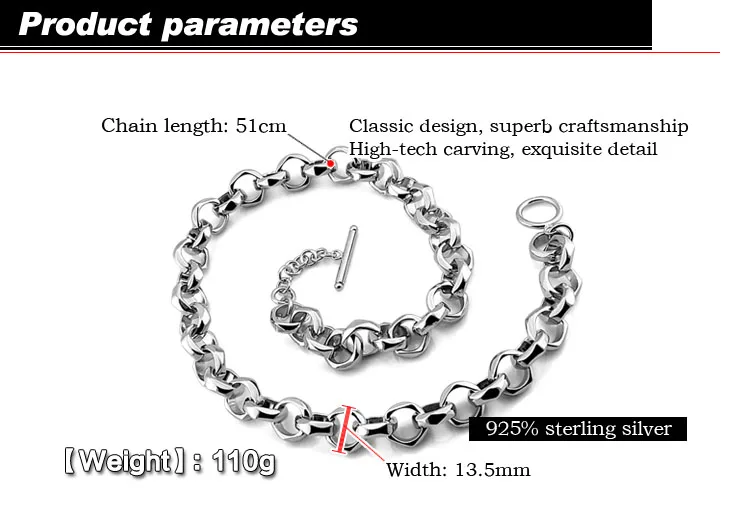 Men\'s Classic Design 925 Sterling Silver Necklace Punk Style Fashion Design 13.5mm51cm Size Chain Necklace Charm Fine Jewelry