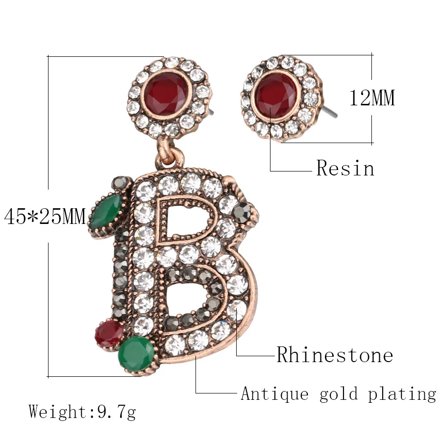 2018 New Vintage Turkish Earrings For Women Antique Gold Color Letter B Asymmetry Drop Earring India Style Jewelry