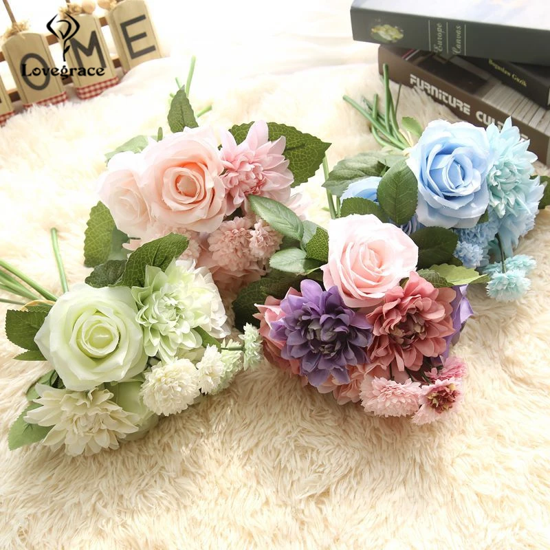 Lovegrace Wedding Bridal Bridesmaid Bouquet Wedding Holding Flower Artificial Peony Rose Green Succulent for Party Home Decor