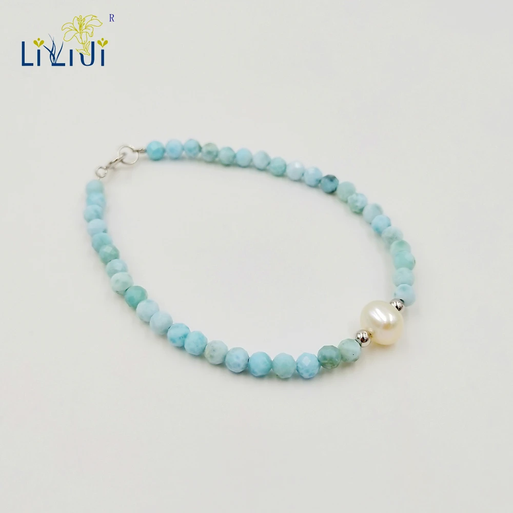 LiiJi Natural Stone Blue Larimar 3-4mm Round Faceted Beads Freshwater Pearl 925 Sterling Silver Fashion Bracelet