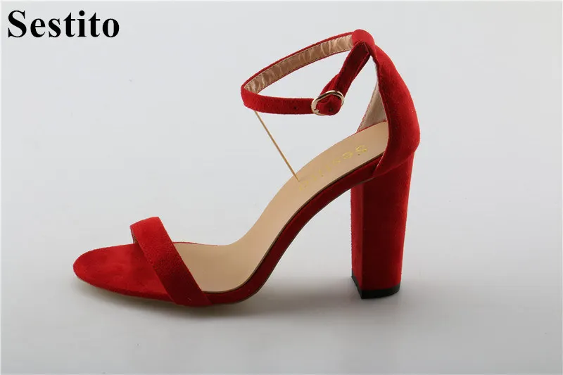 

Sestito Woman Fashion Chunky Cover Heels Dress Party Shoes Lady Red Buckle Strap Summer Gladiator Sandals Girls Peep Toe Shoes