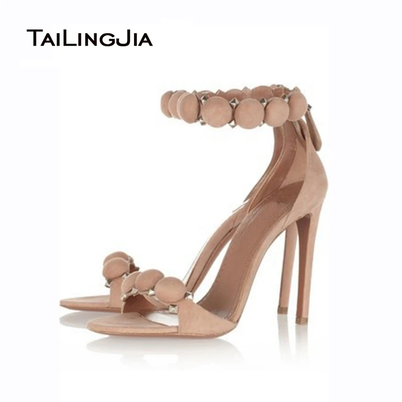 Women's Ankle Wrap Sandals with Studs Pom Poms Ladies Party Ball T-Straps Stiletto Heels Dress Shoes Large Size Wholesale