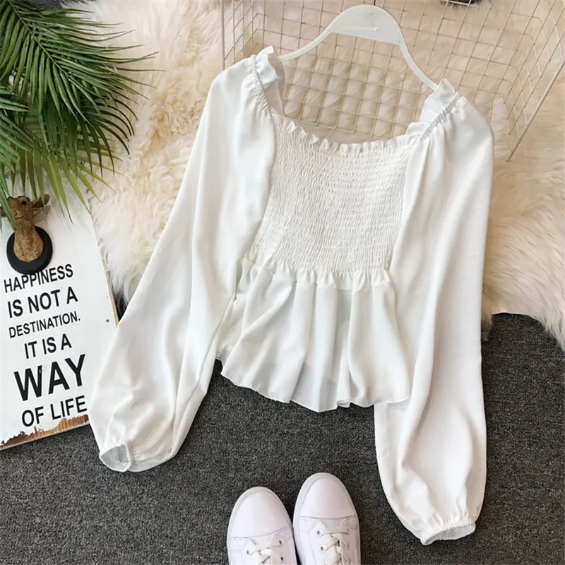 2018 Spring Autumn Women Long Sleeve Blouse V-Neck Drawstring Tie Blouses Female Lantern Sleeve Ruffles Shirts Short Tops AB1216