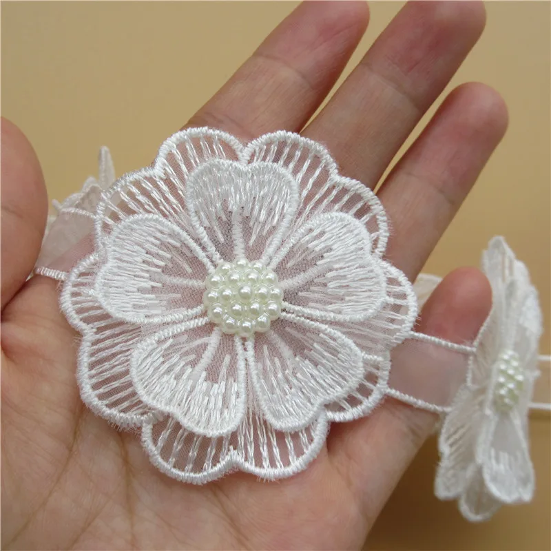 10x White Pearl Flower Handmade Beaded Embroidered Lace Edge Trim Ribbon Double Layered Applique Dress DIY Sewing Craft Decor