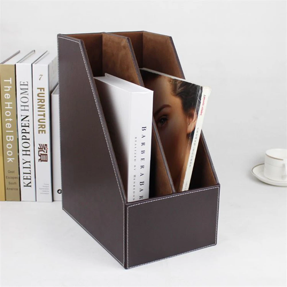 

2-grid a4 wooden leather office desktop file book magazine stand rack holder table document filing box organizer brown