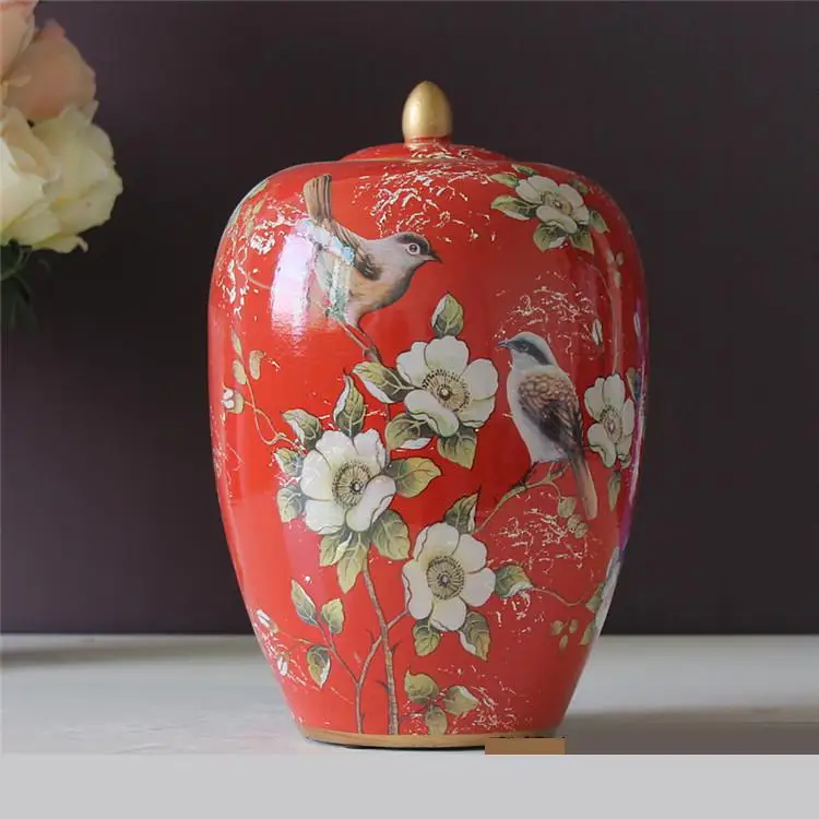 American Village European Garden Wind Red Flower And Bird pot Storage jar Decoration Jar Household Soft Decoration ceramic jar