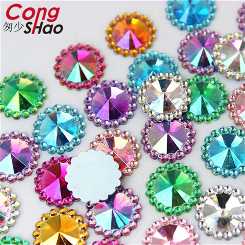 Cong Shao 200pcs 12mm AB Color Round Sun Flower Acrylic Crystal Stone Flatback Rhinestone For DIY Craft Clothes Decoration ZZ761