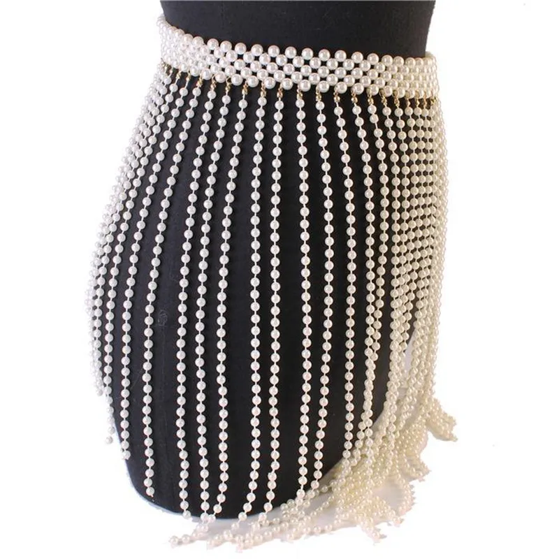 Hot Luxury Handmade Pearl Waist Belts Women big Pearl Beaded Tassel Fringe Skirt Summer Female Elastic Waistband Body chain