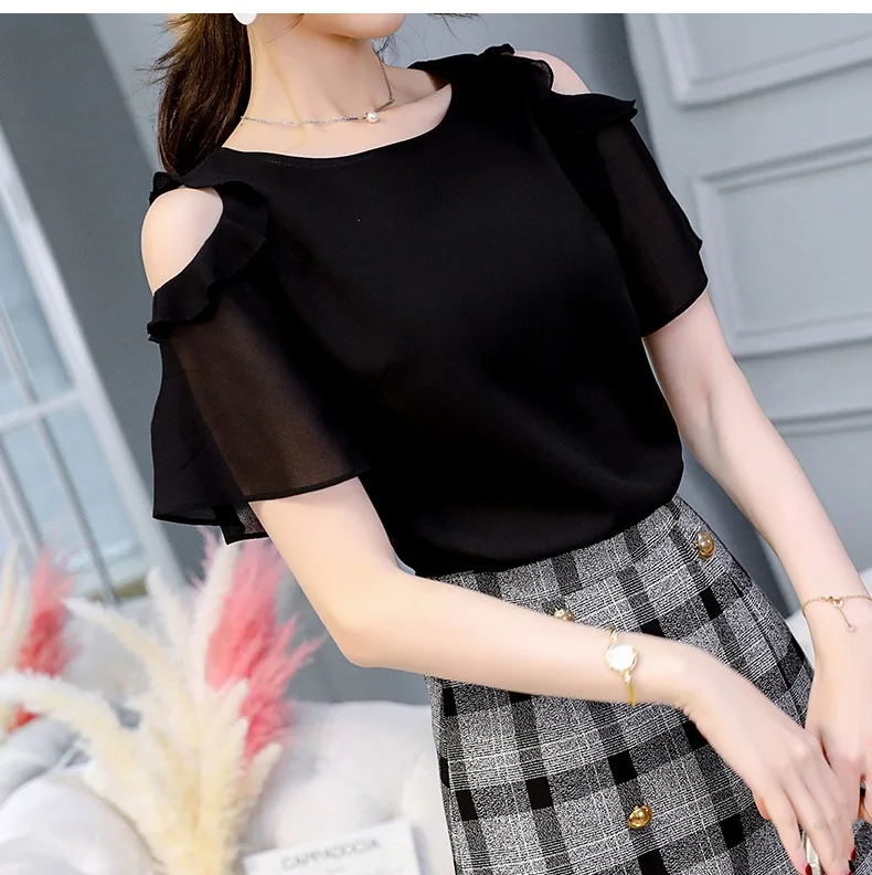 European American Chiffon Shirt Women Large Size Summer Pure Color Blouses Clothing Ruffled Short Sleeve Office Lady Tops H9054