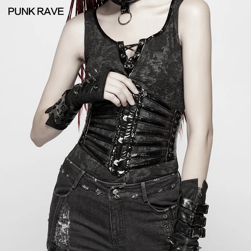 Colete punk rave gótico steampunk para mulheres, acessório preto de couro