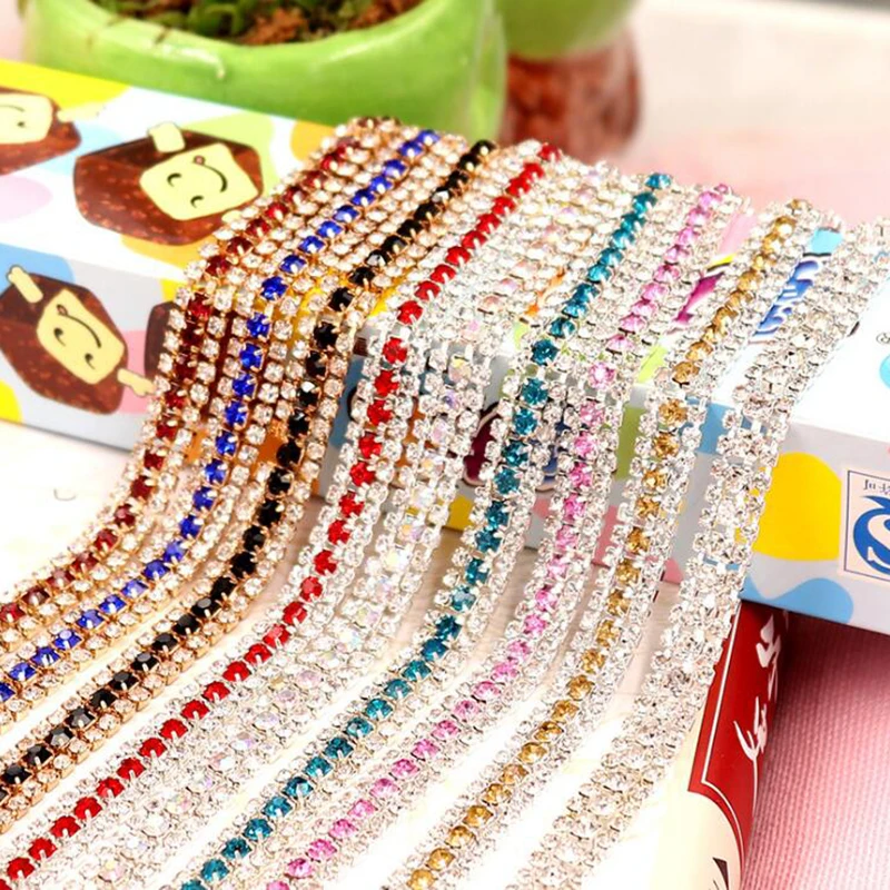 10Yards Rhinestone Trim Chain 3 Rows Crystal Rhinestones Cup Trimming Silver Gold With Claw Dress Decoration Sewing Applique 9mm