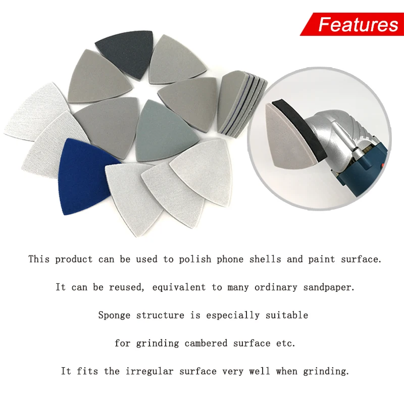 Disco de lijado de esponja de flocado triangular, papel de lija de 90x90x90MM, herramientas abrasivas de grano 300-3000, para pulir y esmerilar, 12 Uds.