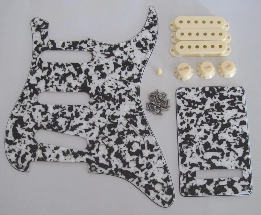 KAISH Black/White Agate ST  SSS Pickguard with Aged White Pickup Covers Knobs Tip