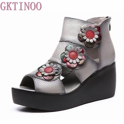 GKTINOO Summer New Soft Bottom Genuine Leather Women Shoes Platform Wedges Women Sandals Retro Handmade Sandals sapato