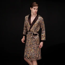 Robe de nuit en Satin pour hommes, ensemble de vêtements de nuit, motif Paisley, manches longues, bleu café et marine, 2016