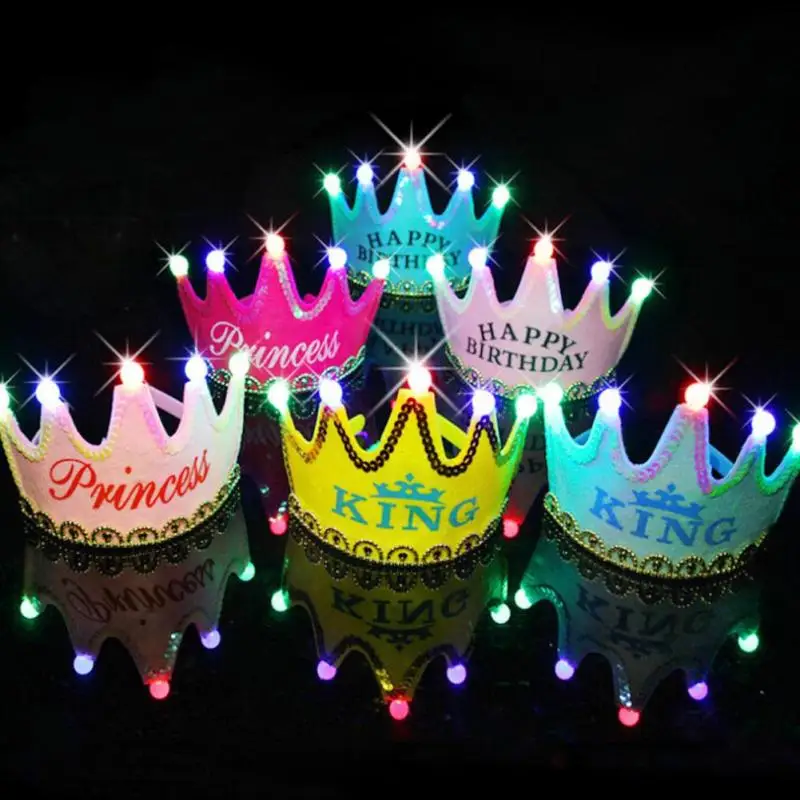 1PC Kid Birthday Hat Happy Birthday Cap Colorful Non-woven Hat King Princess Crown Luminous LED Birthday Hat Party Supplies DS29