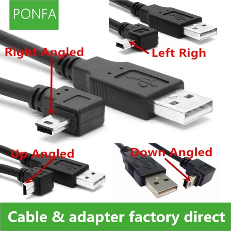 USB 2.0 ذكر إلى USB صغير من النوع B ، كابل بيانات 90 درجة ، زاوية لأعلى ولأسفل ويمين ، 0.25 م/0.5 م/1.8 م/5 م